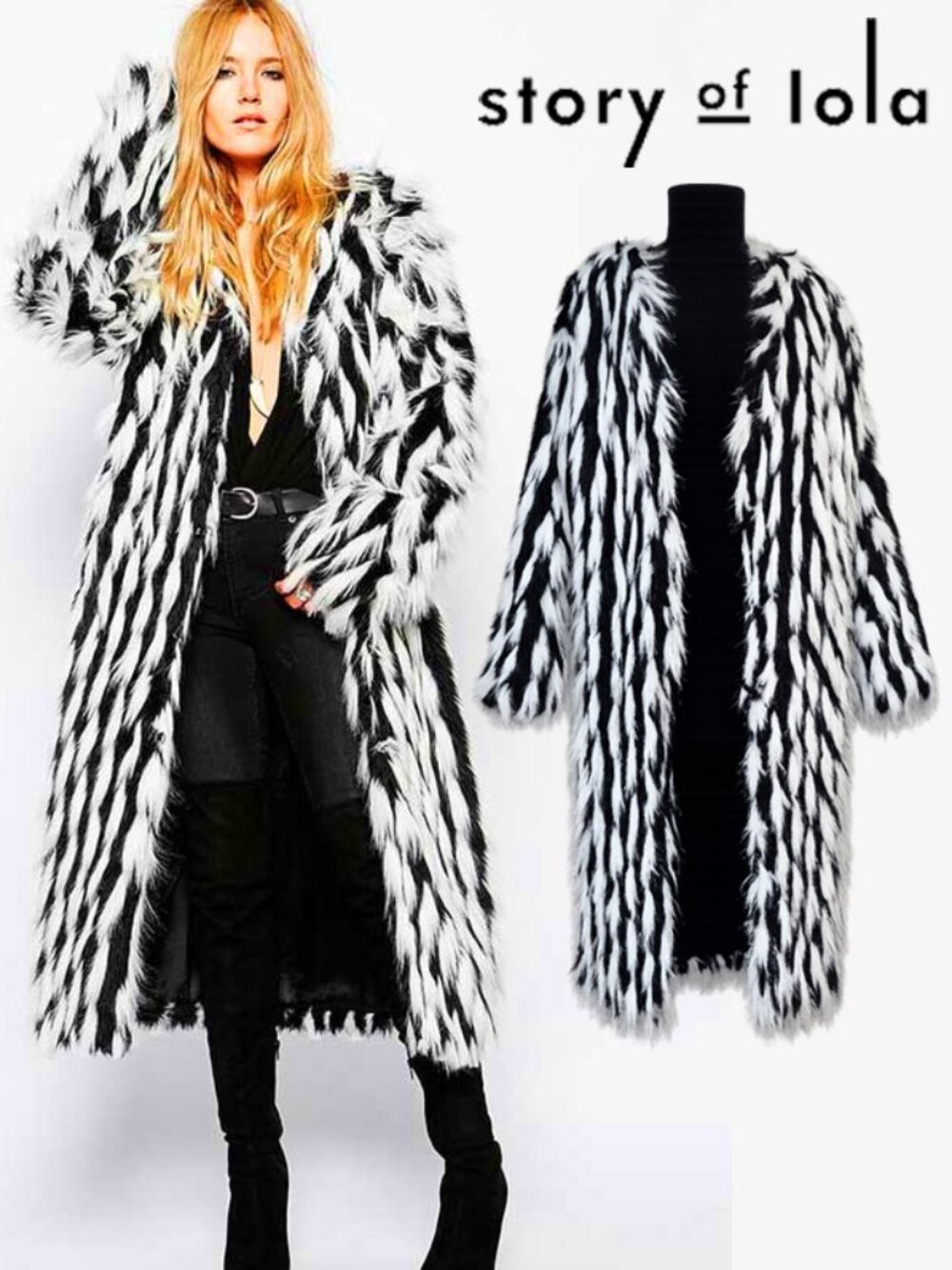 💥STUNNING!💥Luxurious Two-Tone Faux Fox Fur Longline Coat in Black & White